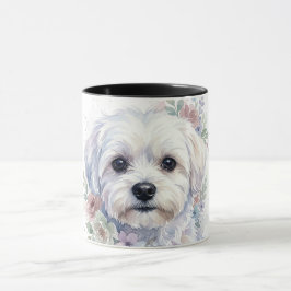 Maltezer Hond Bloemenkrans Aquarel Kunst Mok