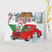 Maltezer hond in Kerstbezorgingswagen Sneeuw Kaart (Gele Bloem)