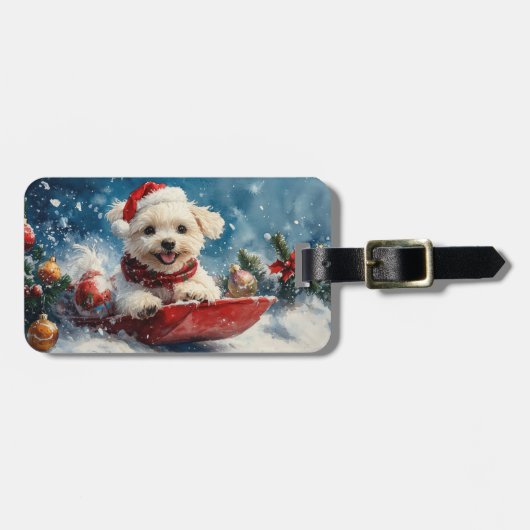 Maltezer hond in slee Laat het sneeuwen Kerstmis Bagagelabel (Voorkant horizontaal)