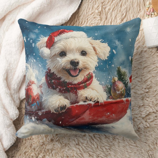 Maltezer hond in slee Laat het sneeuwen Kerstmis Kussen (Deken)