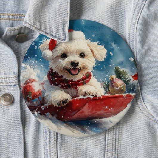 Maltezer hond in slee Laat het sneeuwen Kerstmis Ronde Button 6,0 Cm (In situ)
