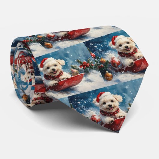 Maltezer hond in slee Laat het sneeuwen Kerstmis Stropdas (Opgerold)