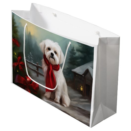 Maltezer hond in sneeuw Kerstmis Groot Cadeauzakje (Voorkant Gekanteld)