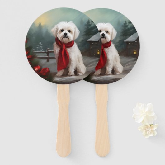 Maltezer Hond in Sneeuw Kerstmis Handwaaier (Voorkant en achterkant)