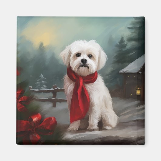 Maltezer Hond in Sneeuw Kerstmis Magneet (Voorkant)