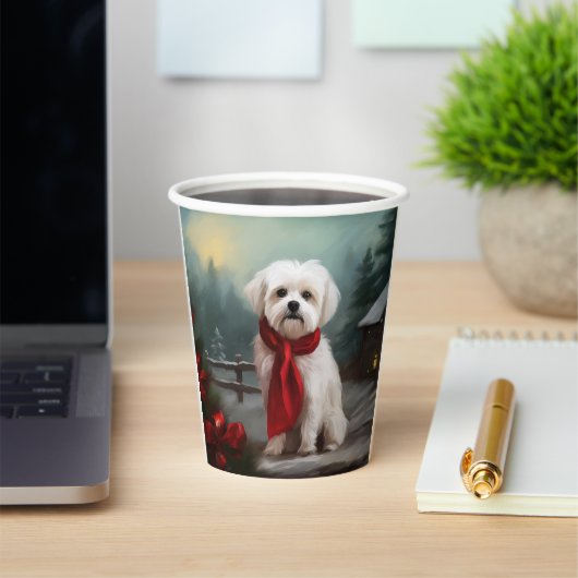 Maltezer Hond in Sneeuw Kerstmis Papieren Bekers (Insitu)