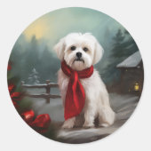 Maltezer Hond in Sneeuw Kerstmis Ronde Sticker (Voorkant)