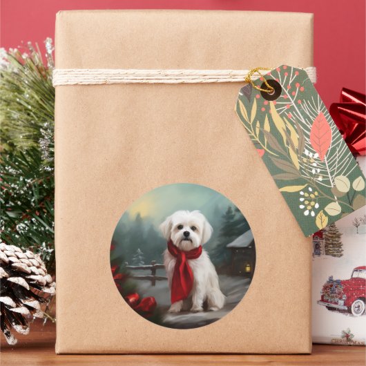 Maltezer Hond in Sneeuw Kerstmis Ronde Sticker (Feestdagen)