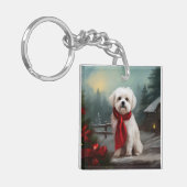 Maltezer Hond in Sneeuw Kerstmis Sleutelhanger (Voorkant Links)
