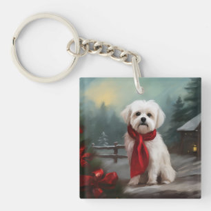 Maltezer Hond in Sneeuw Kerstmis Sleutelhanger