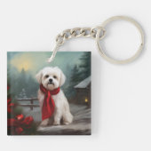 Maltezer Hond in Sneeuw Kerstmis Sleutelhanger (Achterkant)