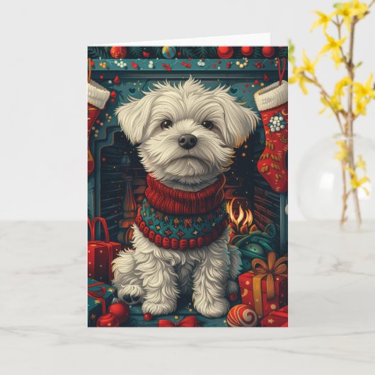 Maltezer Hond Met Kerstcadeaus Haard Kaart (Gele Bloem)
