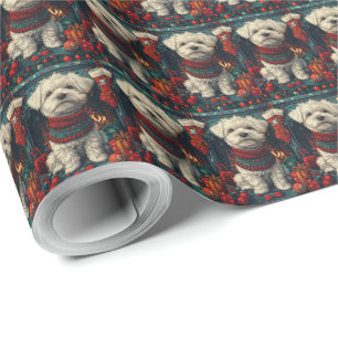 Maltezer Hond Met Kerstcadeaus Open Haard Cadeaupapier