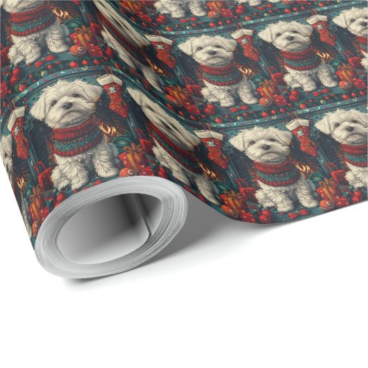 Maltezer Hond Met Kerstcadeaus Open Haard Cadeaupapier (Rol Hoek)