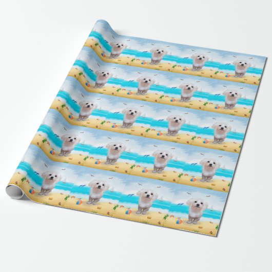 Maltezer hond op het strand cadeaupapier (Uitgerold)