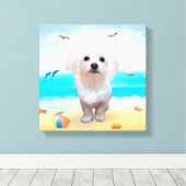 Maltezer hond op het strand canvas afdruk (Insitu (Houten vloer))
