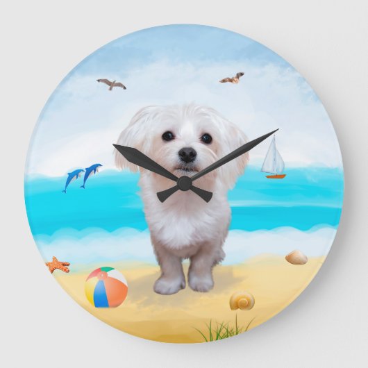 Maltezer hond op het strand grote klok (Voorkant)