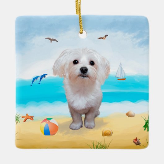 Maltezer hond op het strand keramisch ornament (Voorkant)