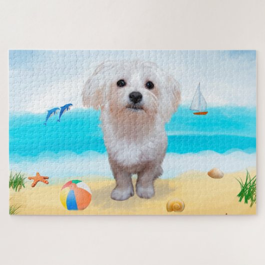 Maltezer hond op het strand legpuzzel (Horizontaal)