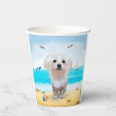 Maltezer hond op het strand papieren bekers (Achterkant)