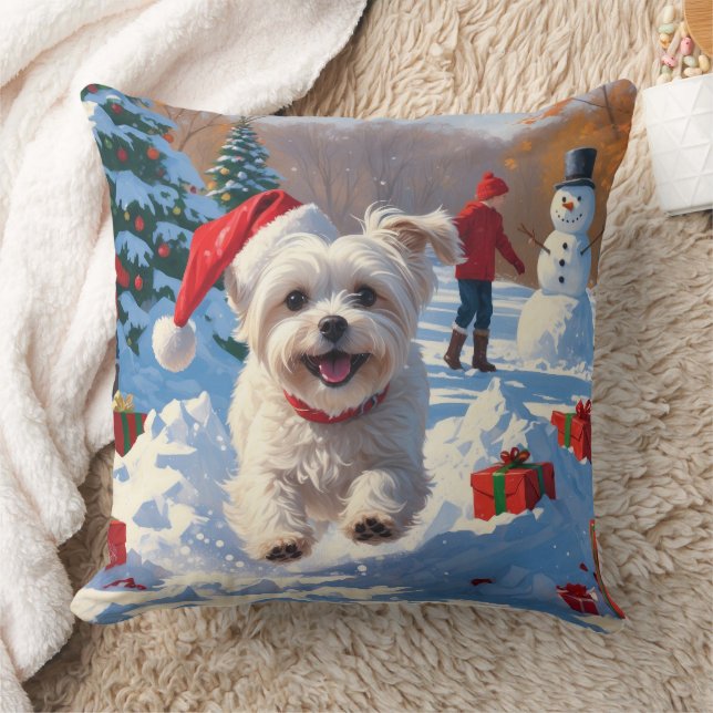 Maltezer hond rent in de sneeuw met kerstmuts kussen (Deken)