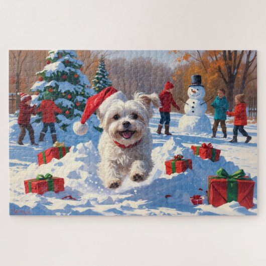 Maltezer hond rent in de sneeuw met kerstmuts legpuzzel (Horizontaal)