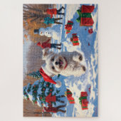 Maltezer hond rent in de sneeuw met kerstmuts legpuzzel (Verticaal)