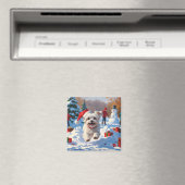 Maltezer hond rent in de sneeuw met kerstmuts magneet (Insitu (Vaatwasser))