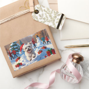 Maltezer hond rent in de sneeuw met kerstmuts rechthoekige sticker