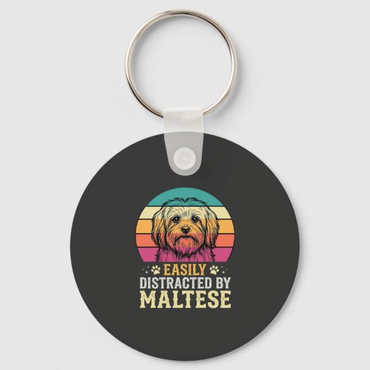 Maltezer Hond Retro Zonsondergang Afleidend Sleutelhanger (Voorkant)