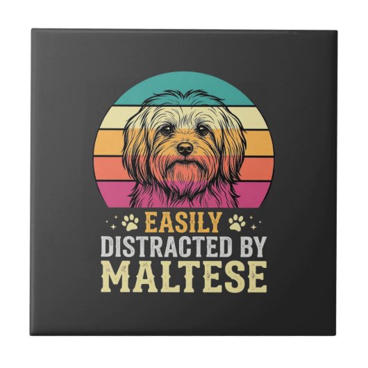 Maltezer Hond Retro Zonsondergang Afleidend Tegeltje (Voorkant)