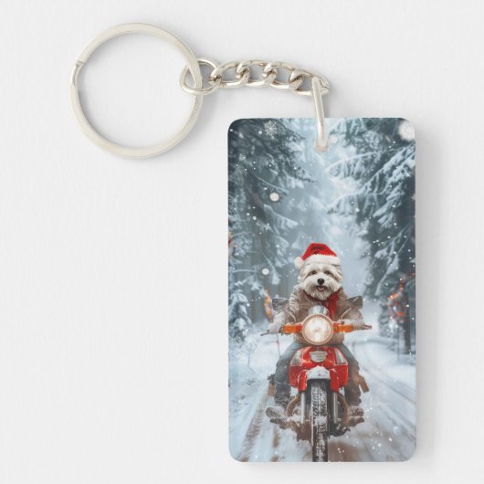 Maltezer Hond Rijdt op Motorfiets Kerstmis Sleutelhanger (Voorkant)