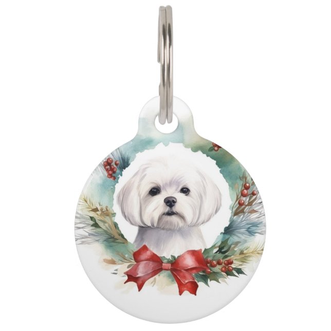 Maltezer Kerstkrans Feestelijke Pup Huisdierpenning (Voorkant)