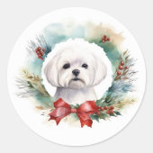 Maltezer Kerstkrans Feestelijke Pup Ronde Sticker (Voorkant)