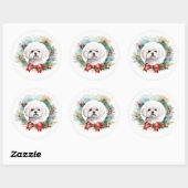 Maltezer Kerstkrans Feestelijke Pup Ronde Sticker (Vel)