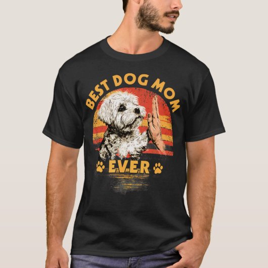 Maltezer Moeder Retro Zonsondergang Grappige Hond T-shirt (Voorkant)