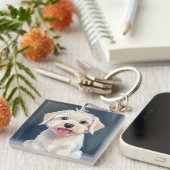 Maltezer Pup | Schilderij van witte hond Sleutelhanger (Voorkant Rechts)