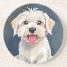 Maltezer Pup | Schilderij van witte hond Zandsteen Onderzetter