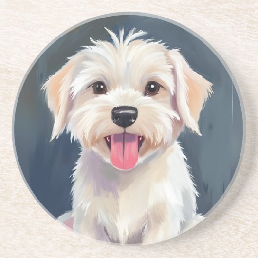 Maltezer Pup | Schilderij van witte hond Zandsteen Onderzetter (Voorkant)