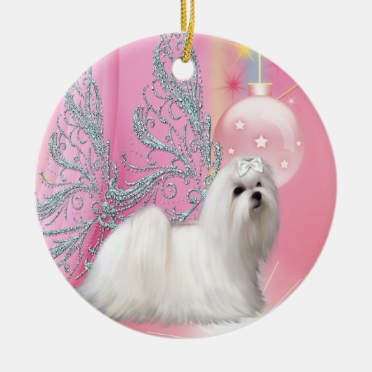 Maltezer Puppie Hond Roze Kerst Ornament (Voorkant)