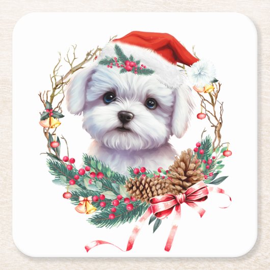 Maltezer puppy Kerstmis, kerstmis Maltezer hond Kartonnen Onderzetters (Voorkant)