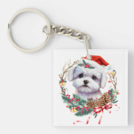 Maltezer puppy Kerstmis, kerstmis Maltezer hond Sleutelhanger