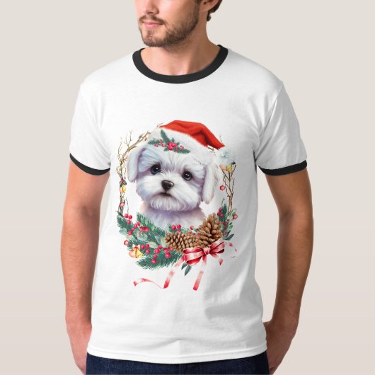 Maltezer puppy Kerstmis, kerstmis Maltezer hond T-shirt (Voorkant)