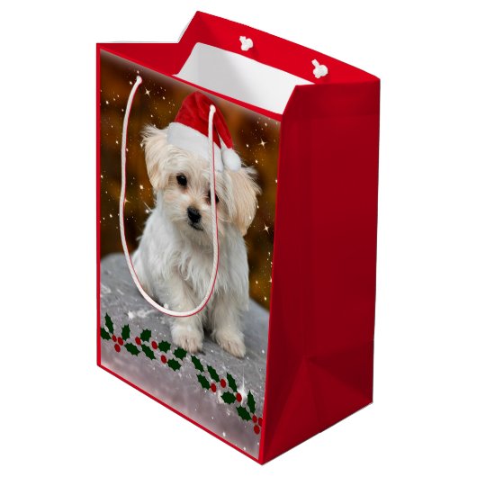 Maltezer puppy Kerstmis, schattig vakantiemodel Medium Cadeauzakje (Achterkant Gekanteld)