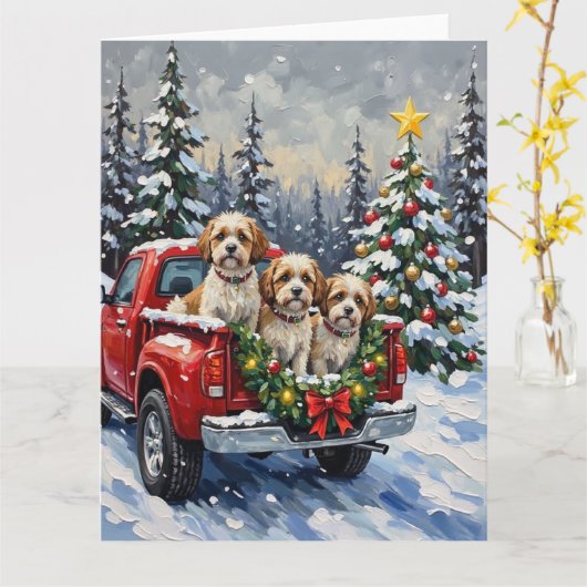 Malti-Tzu Christmas Red Truck Holiday Kaart (Gele Bloem)