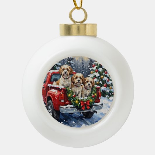 Malti-Tzu Christmas Red Truck Holiday Keramische Bal Ornament (Voorkant)