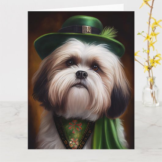 Malti Tzu Dog in St. Patrick's Day Dress Kaart (Gele Bloem)