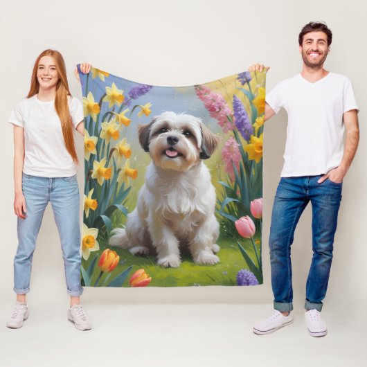 Malti Tzu Dog Spring Bloemen Schilderen Fleece Deken (In situ)