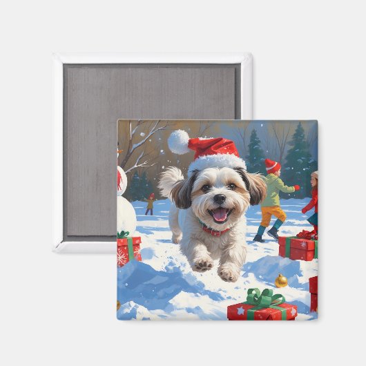 Malti Tzu hardlopen in de sneeuw met kerstmuts Magneet (Voorkant / Achterkant)