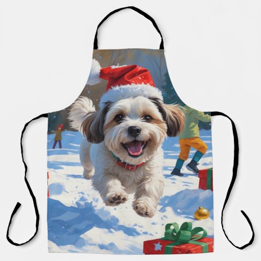 Malti Tzu hardlopen in de sneeuw met kerstmuts Schort (Voorkant)